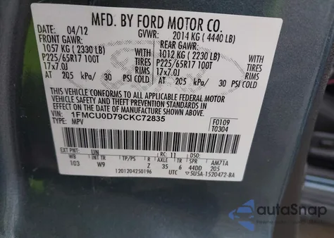 2012 Ford Escape Xlt из США, поврежденный, VIN 1FMCU0D79CKC72835